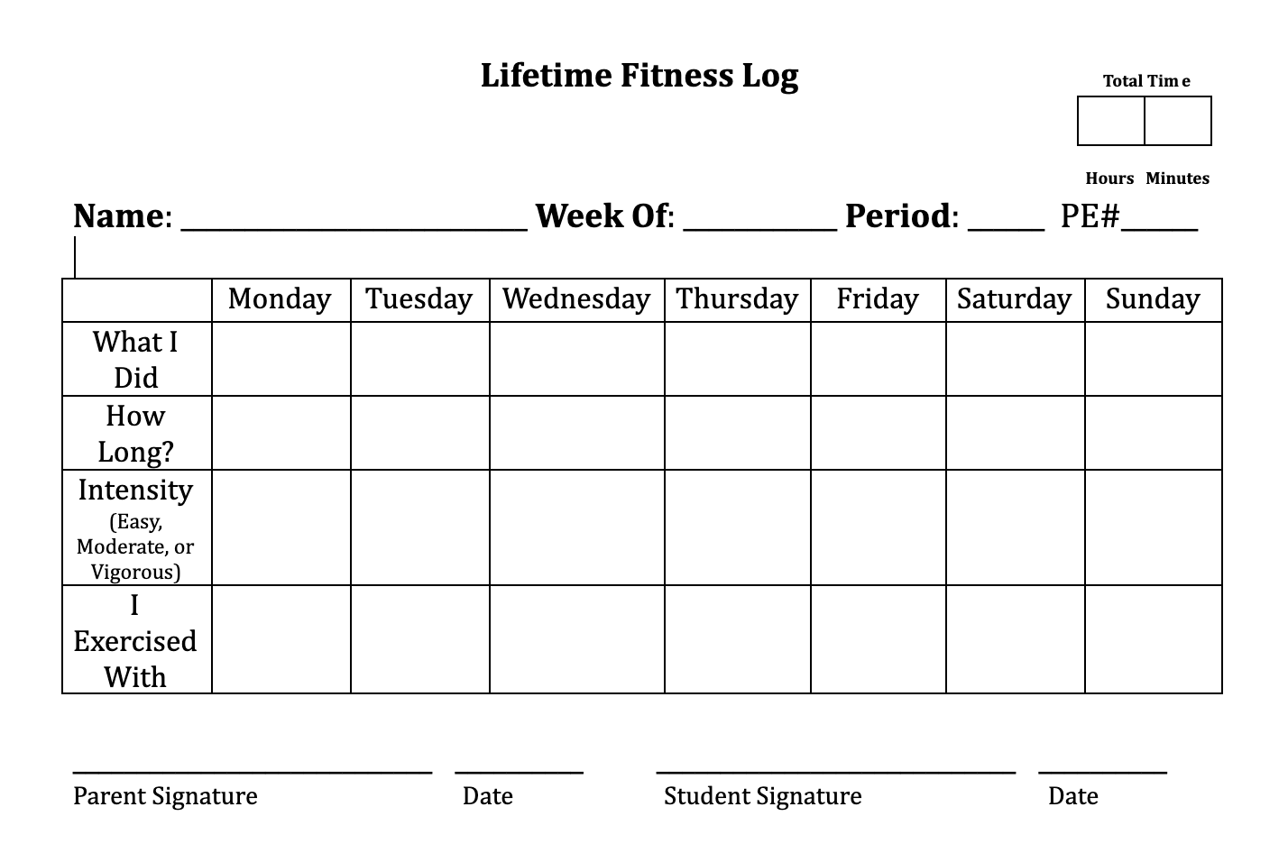 Lifetime Fitness Log 